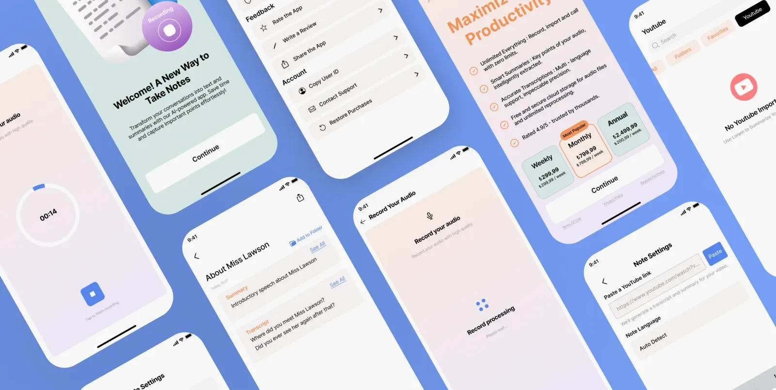 Note Taker multiple mobile screens overview showcasing the complete productivity transcription app experience built by Neon Apps development team
