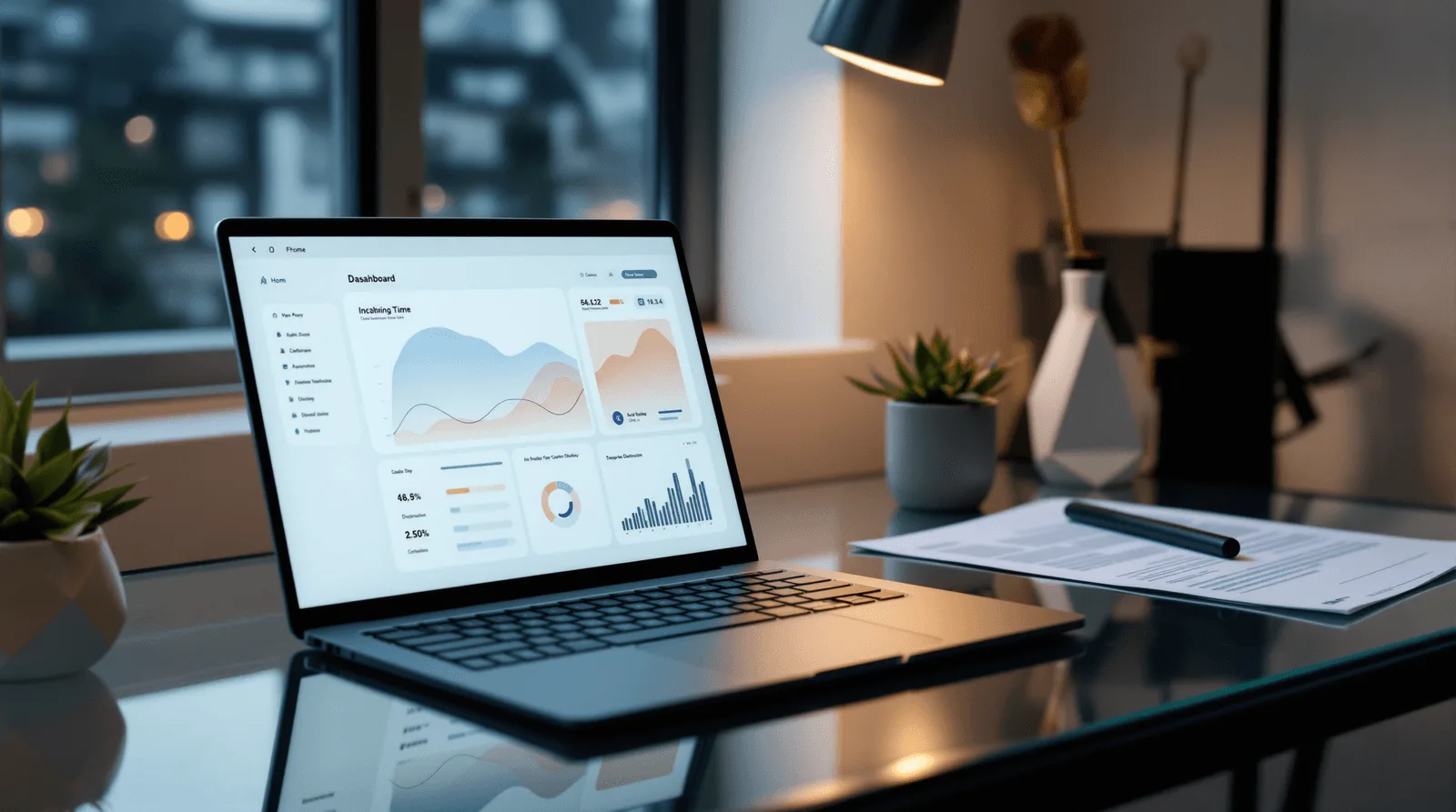 Laptop displaying a business analytics dashboard with performance metrics in a modern workspace.