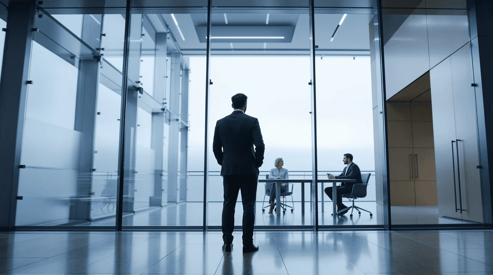 Sales professional in glass-walled atrium during live enterprise conversation