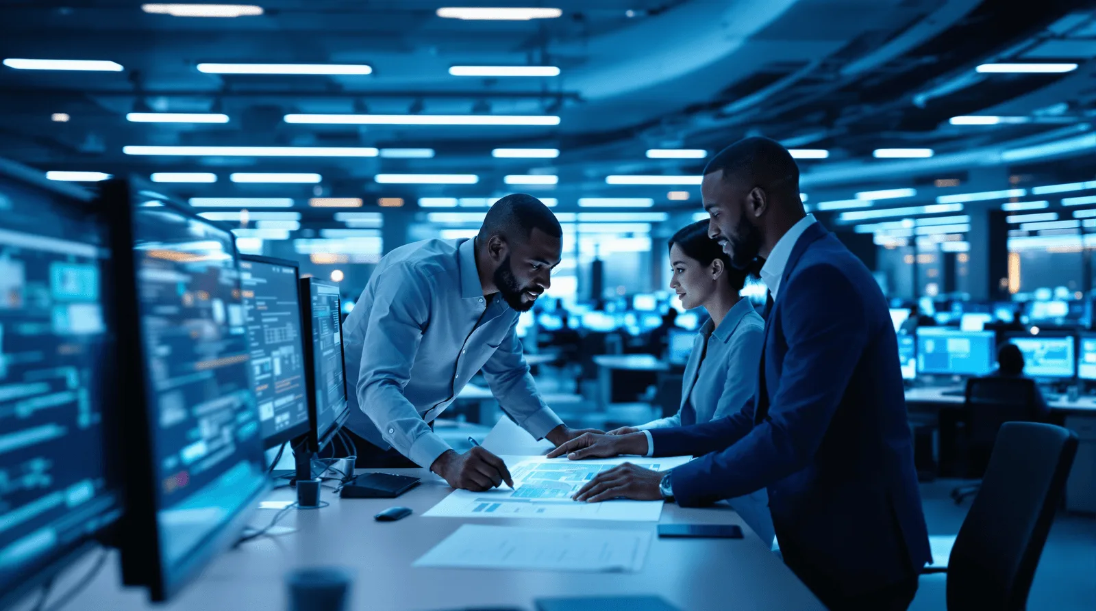 IT director and colleague reviewing systems architecture in enterprise operations centre Enterprise team analysing digital transformation system integration dashboards together