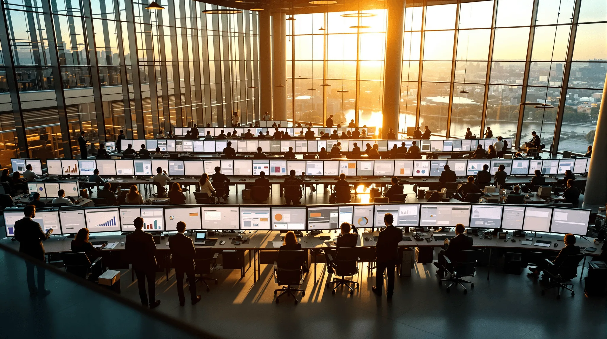 Curved rows of dashboard screens across an enterprise operations floor at sunset