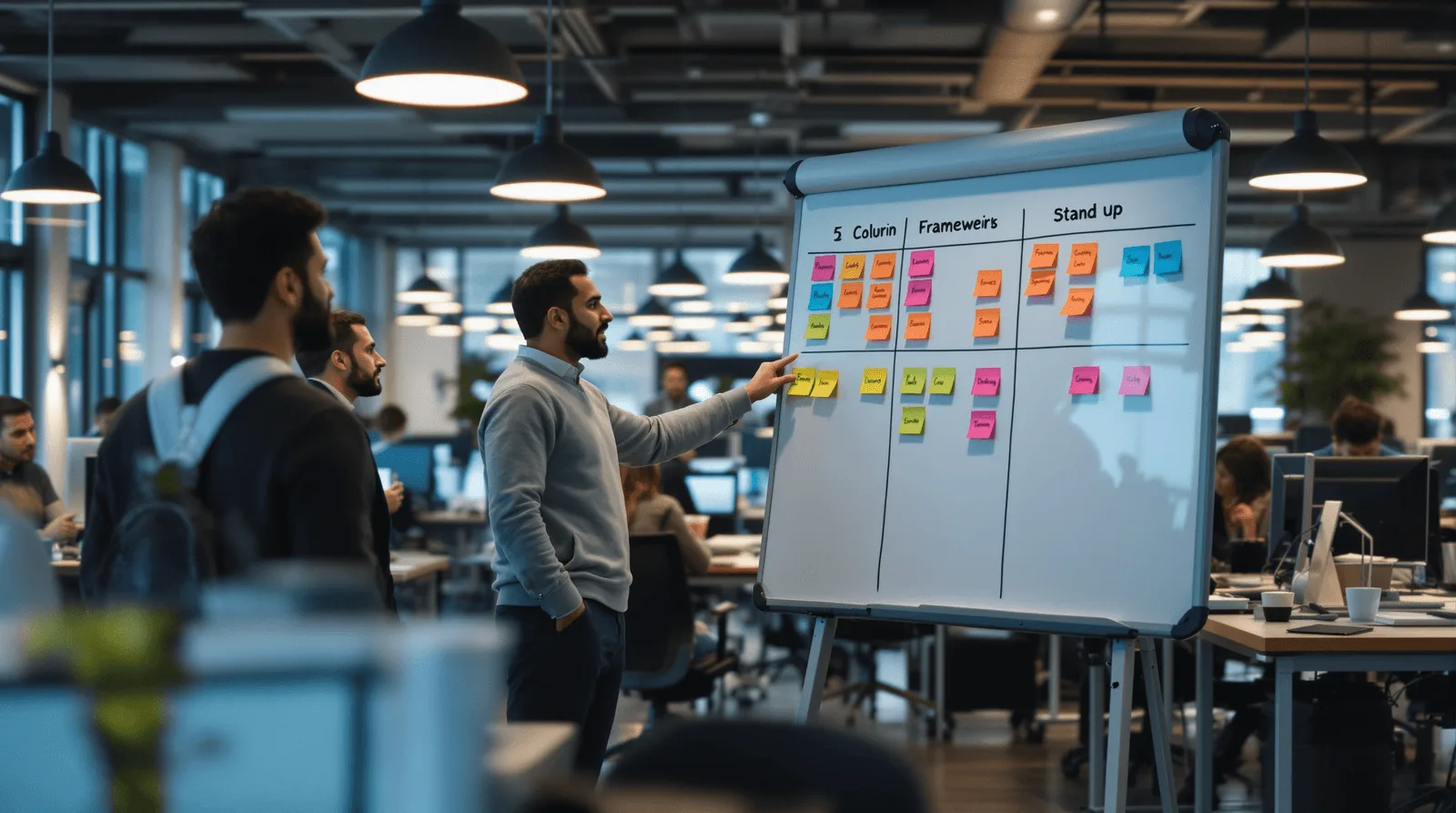 Cross-functional product team aligned around a five-step framework stand-up