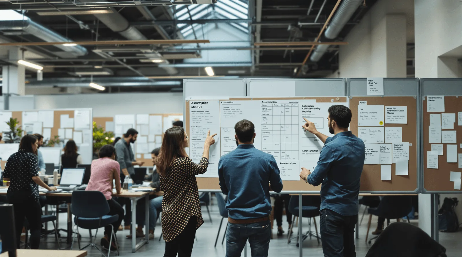 Enterprise product team reviewing assumption maps on a pinboard wall