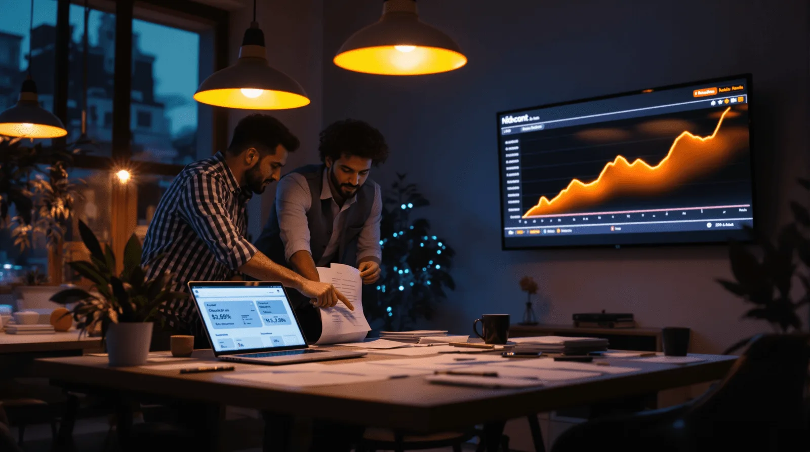 Business professionals analyzing performance reports and growth analytics on digital dashboards during an evening strategy meeting.