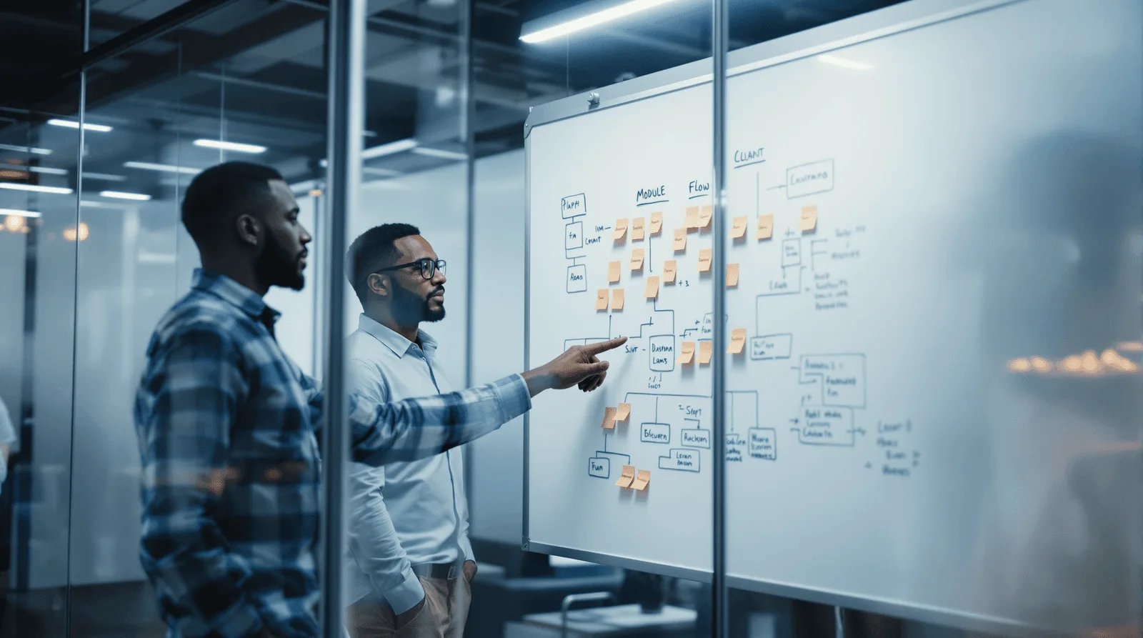 Diverse engineering team around whiteboard covered in sprint planning sticky notes