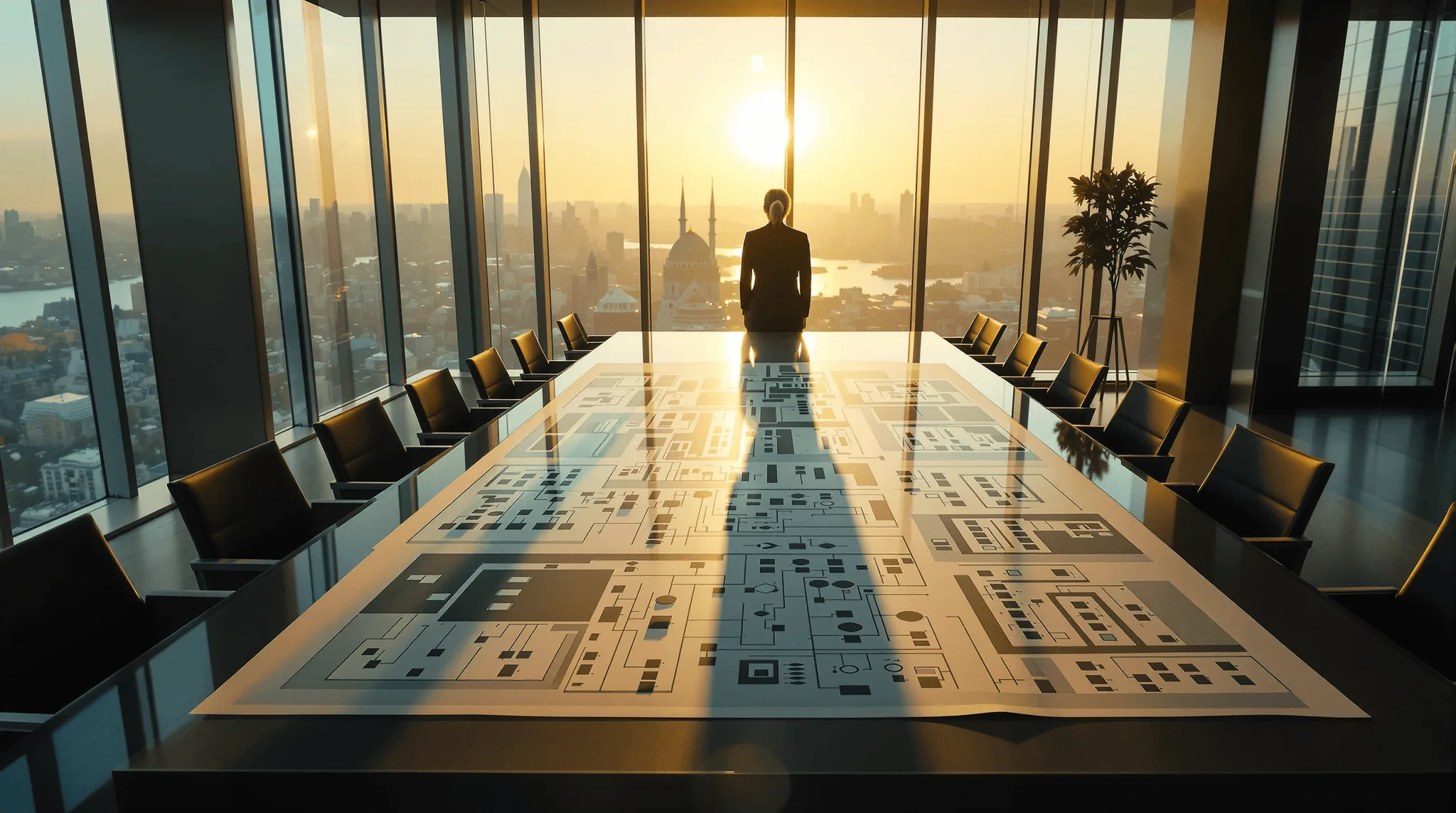 Executive reviewing large system architecture diagram in glass boardroom