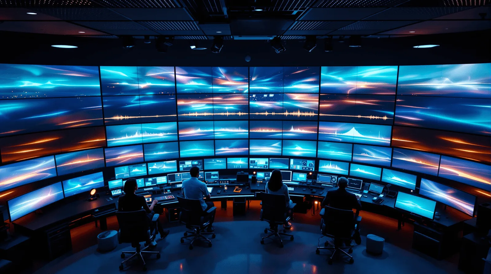 Diverse team monitoring abstract video render dashboards in a control room