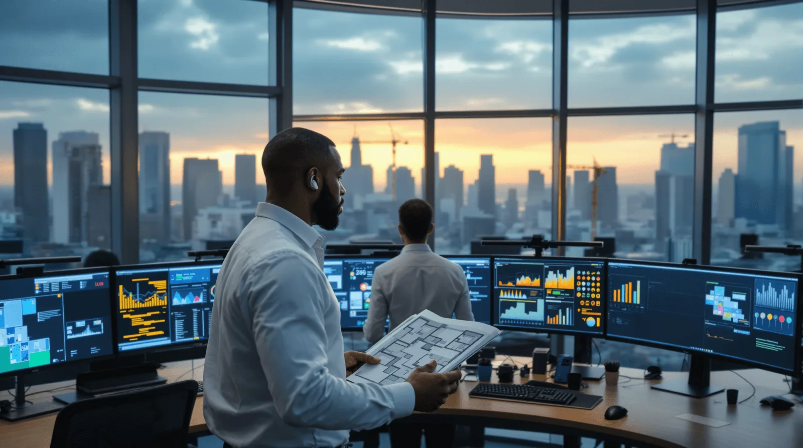 Property operations manager walking through enterprise command centre at sunset
