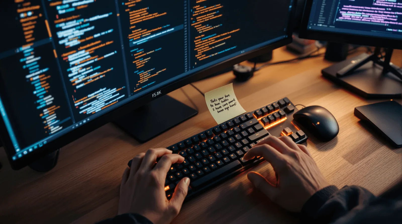 Software developer writing code on multiple monitors in a modern programming workspace.