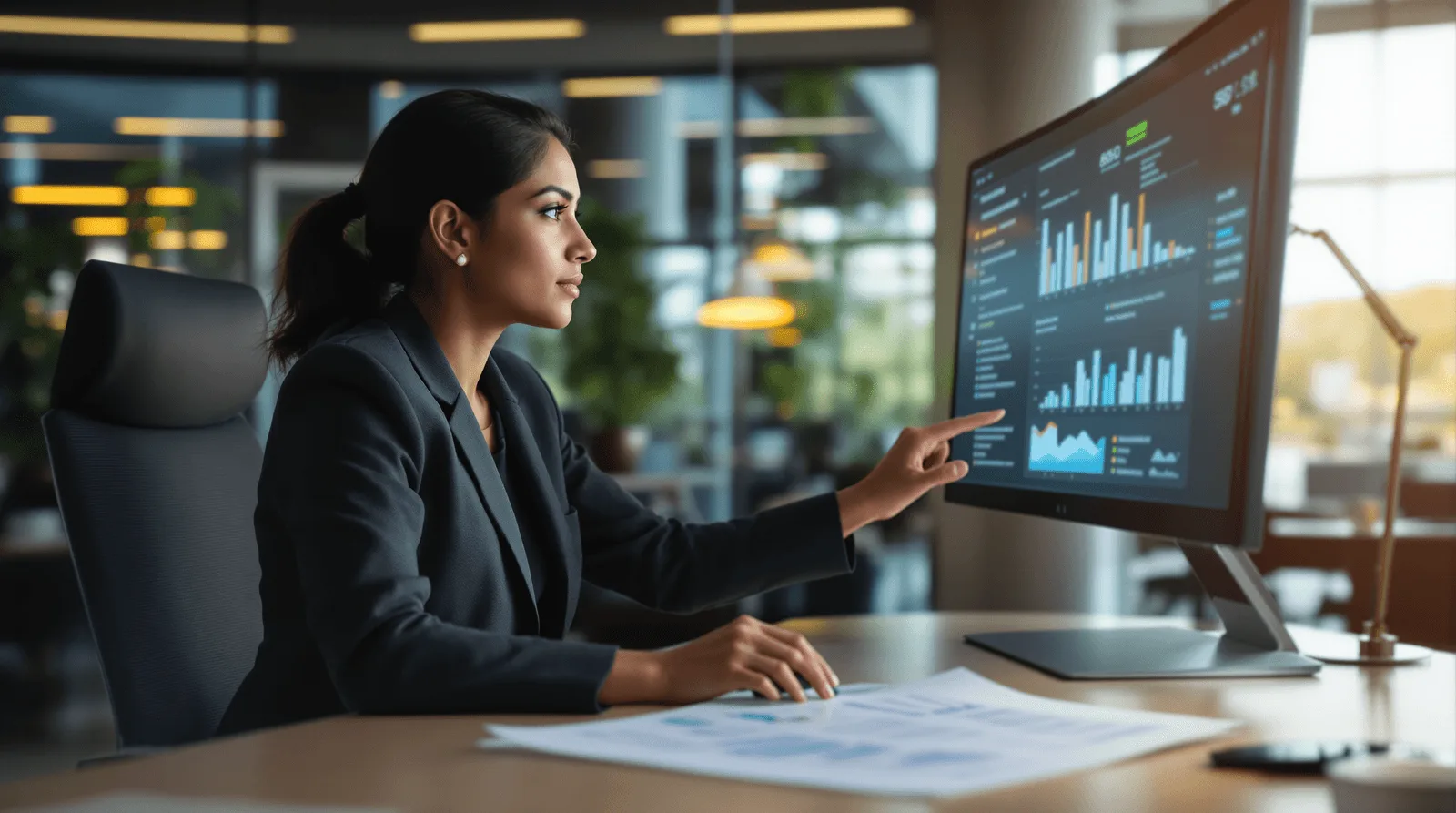Analyst pointing at a SaaS analytics dashboard on a monitor beside printed charts