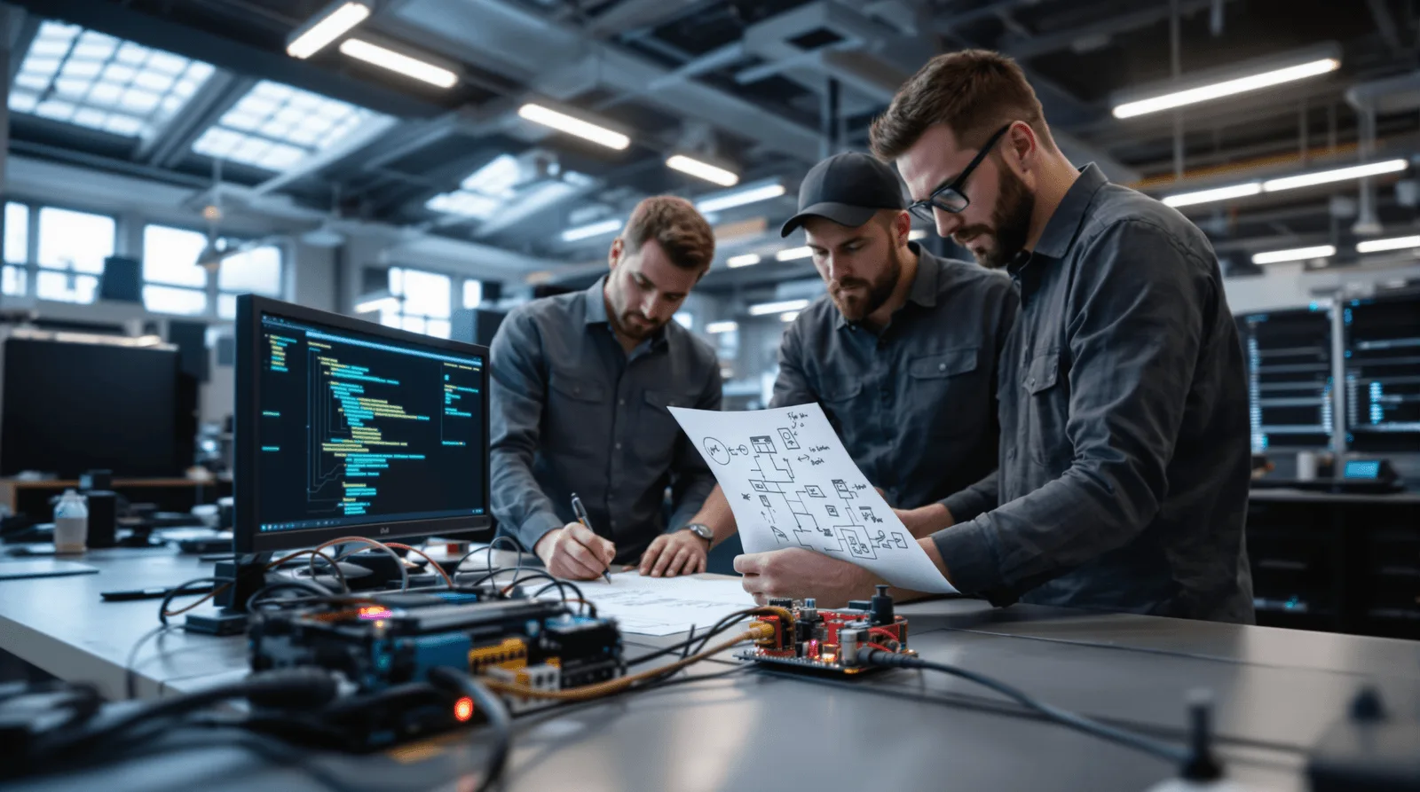 Engineers examining open IoT gateway hardware on electronics workbench