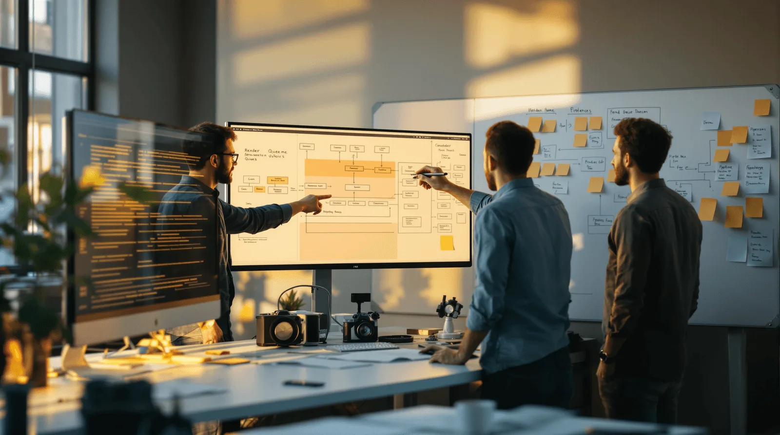 Engineering team reviewing AI video generation render pipeline diagrams