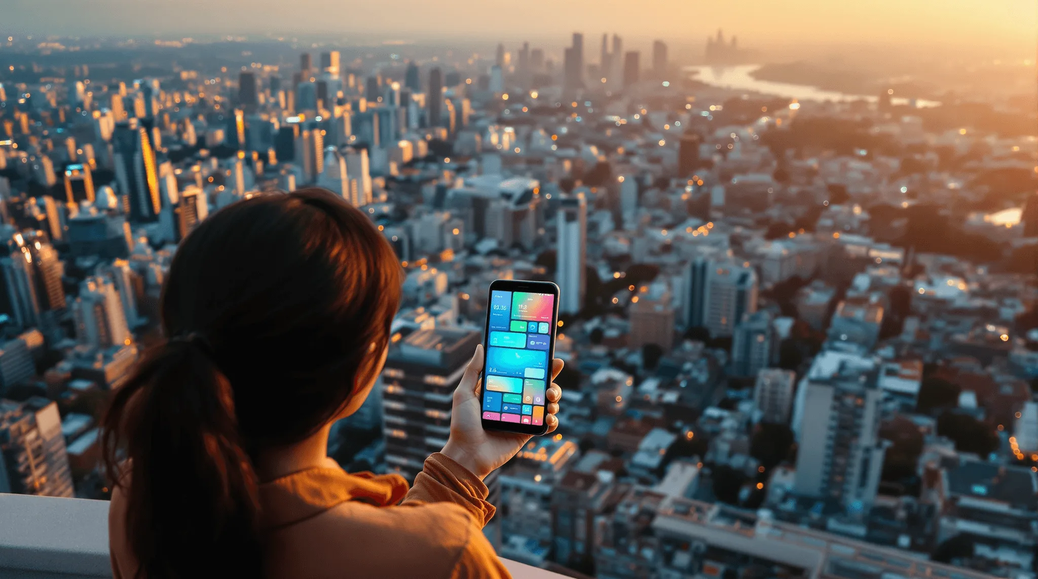 Woman on rooftop overlooking city skyline holding smartphone with blurred UI
