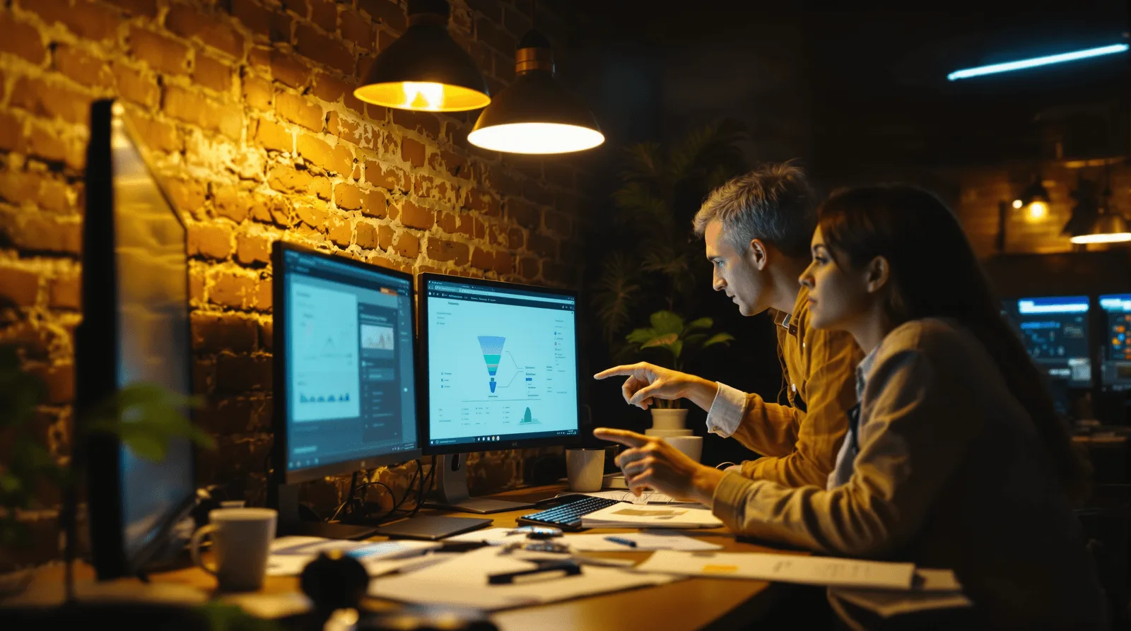 Business analysts reviewing analytics dashboards and sales funnel reports on dual monitors in a modern office.