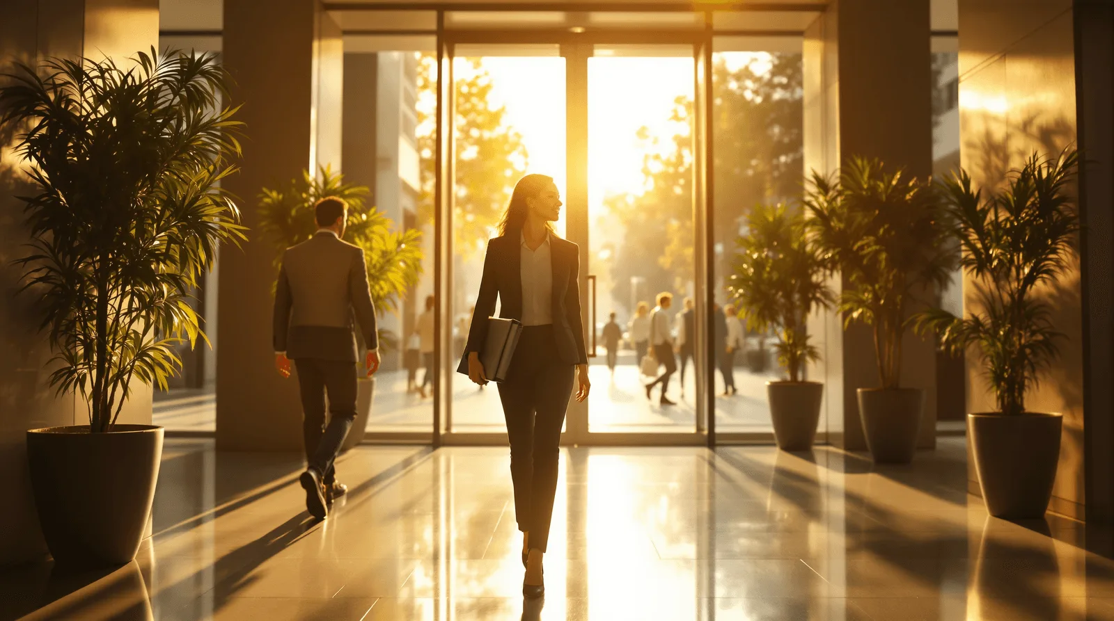 Woman walking through a sunlit office lobby carrying a laptop