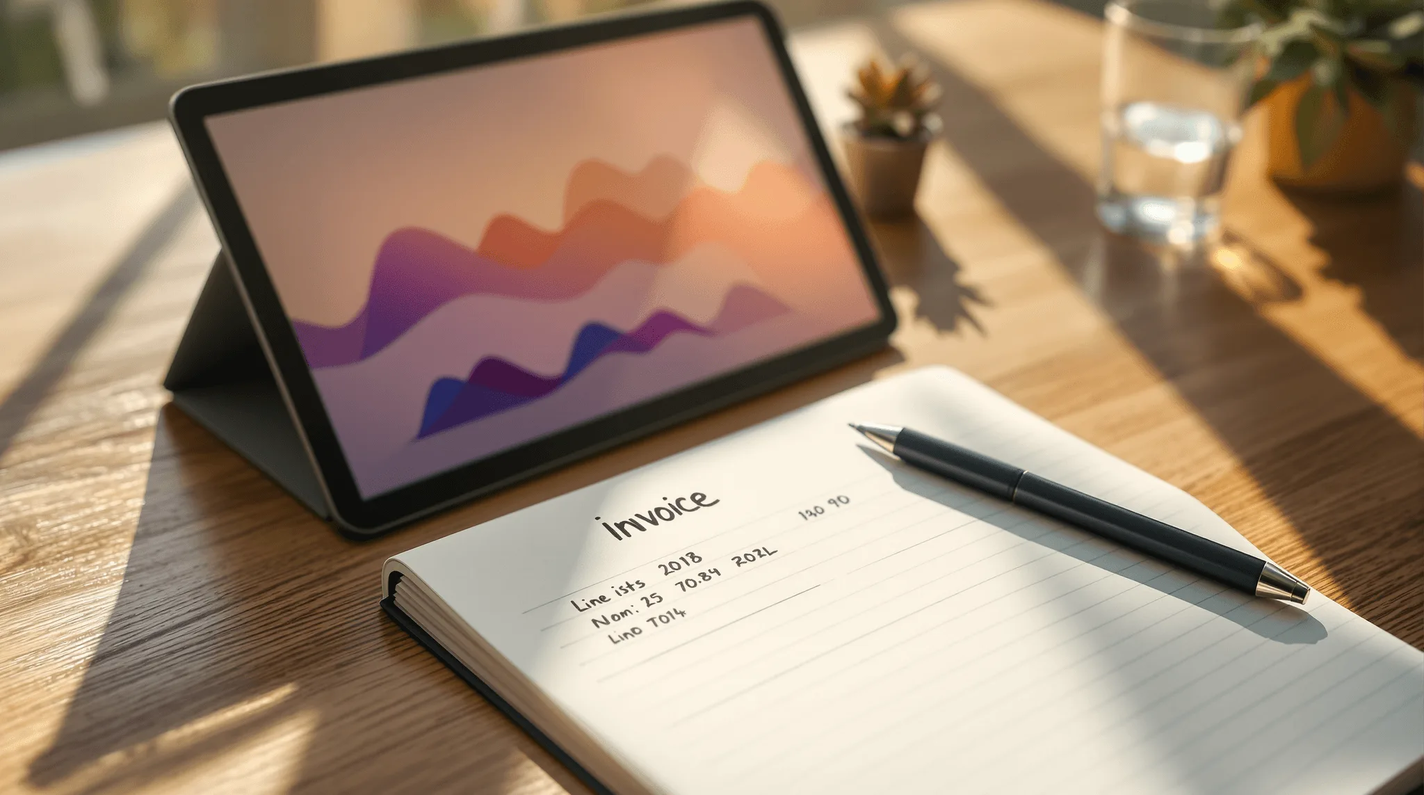 Flat-lay desk with notebook line items and blurred billing dashboard