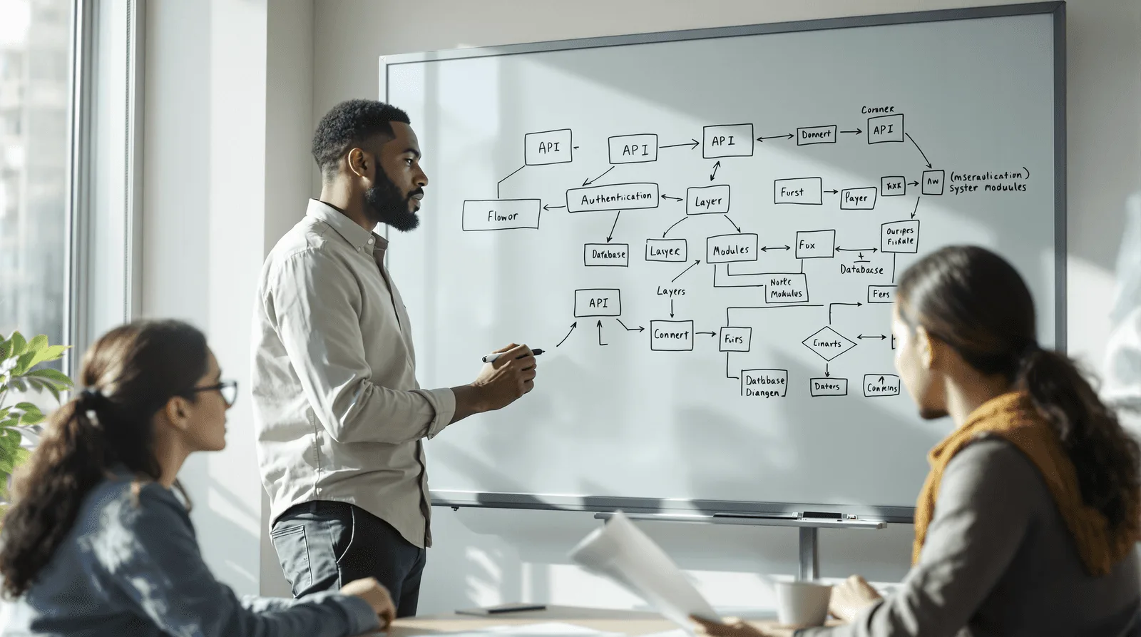 Software architect drawing API system diagram on glass whiteboard