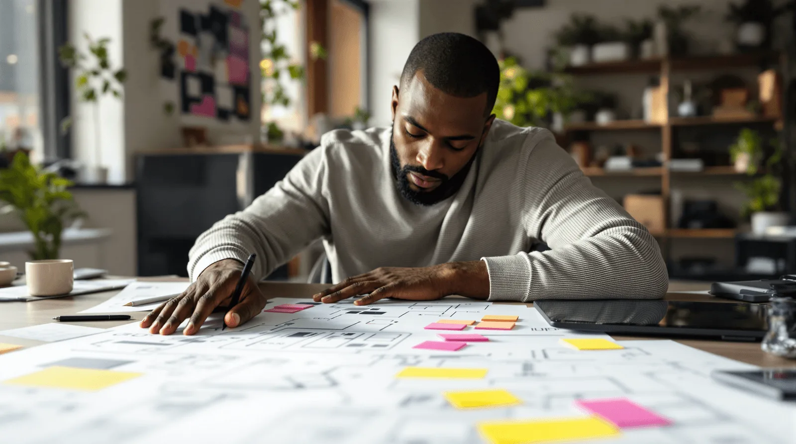 UX designer tracing mobile payment user flow over printed wireframes