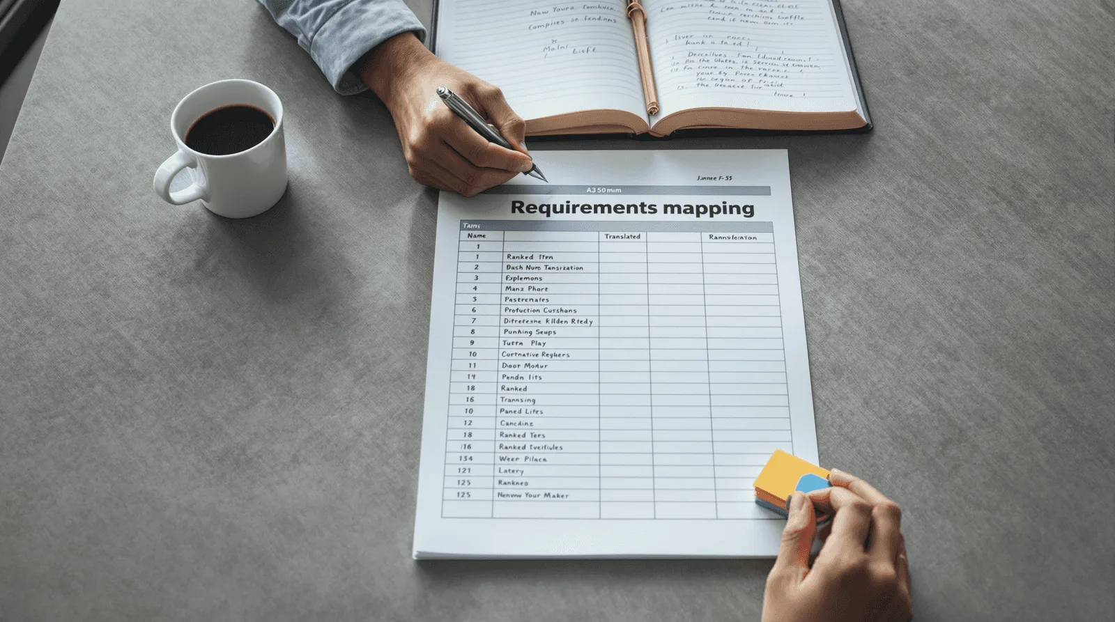 Hands annotating a requirements mapping worksheet with sticky notes nearby