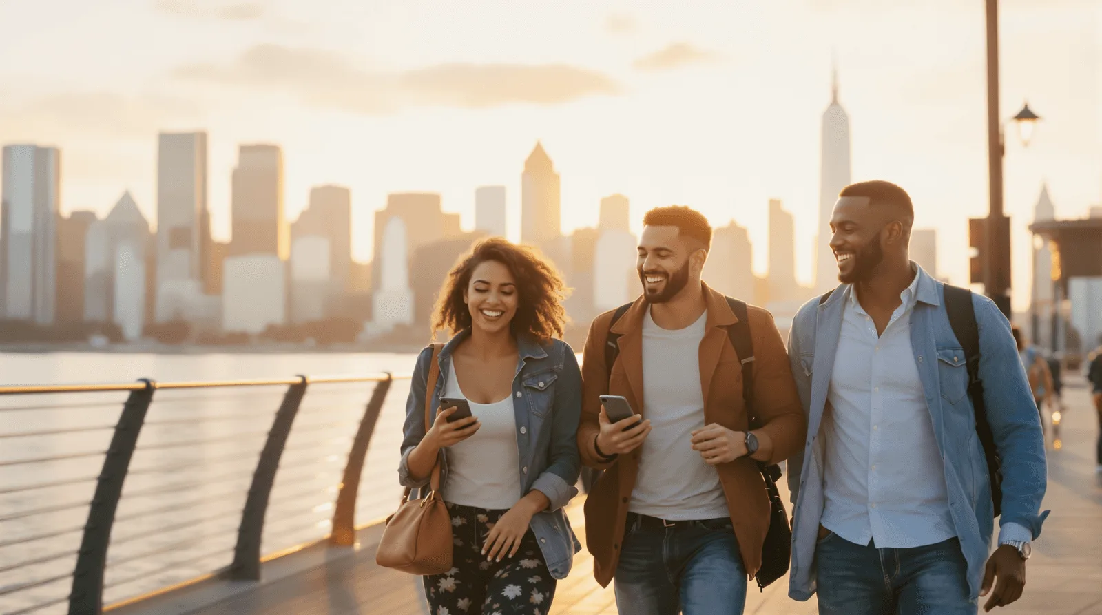 Three friends walking a waterfront promenade with their phones at sunset