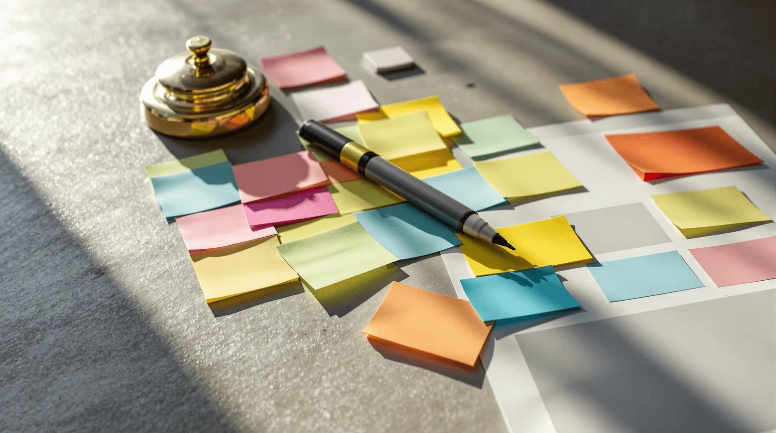 Colour-coded sticky note triage system on concrete desk surface