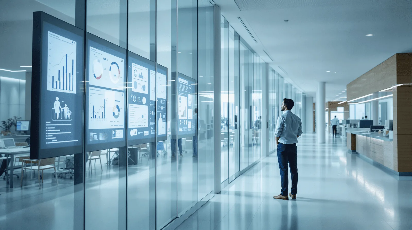 Business professional analyzing real-time data dashboards and analytics on digital displays in a modern office.