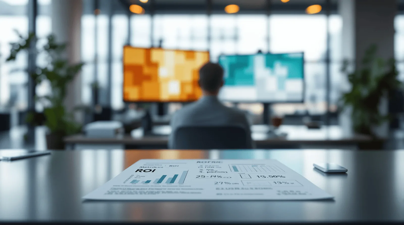 Sales professional reviewing annotated ROI metrics sheet at enterprise standing desk