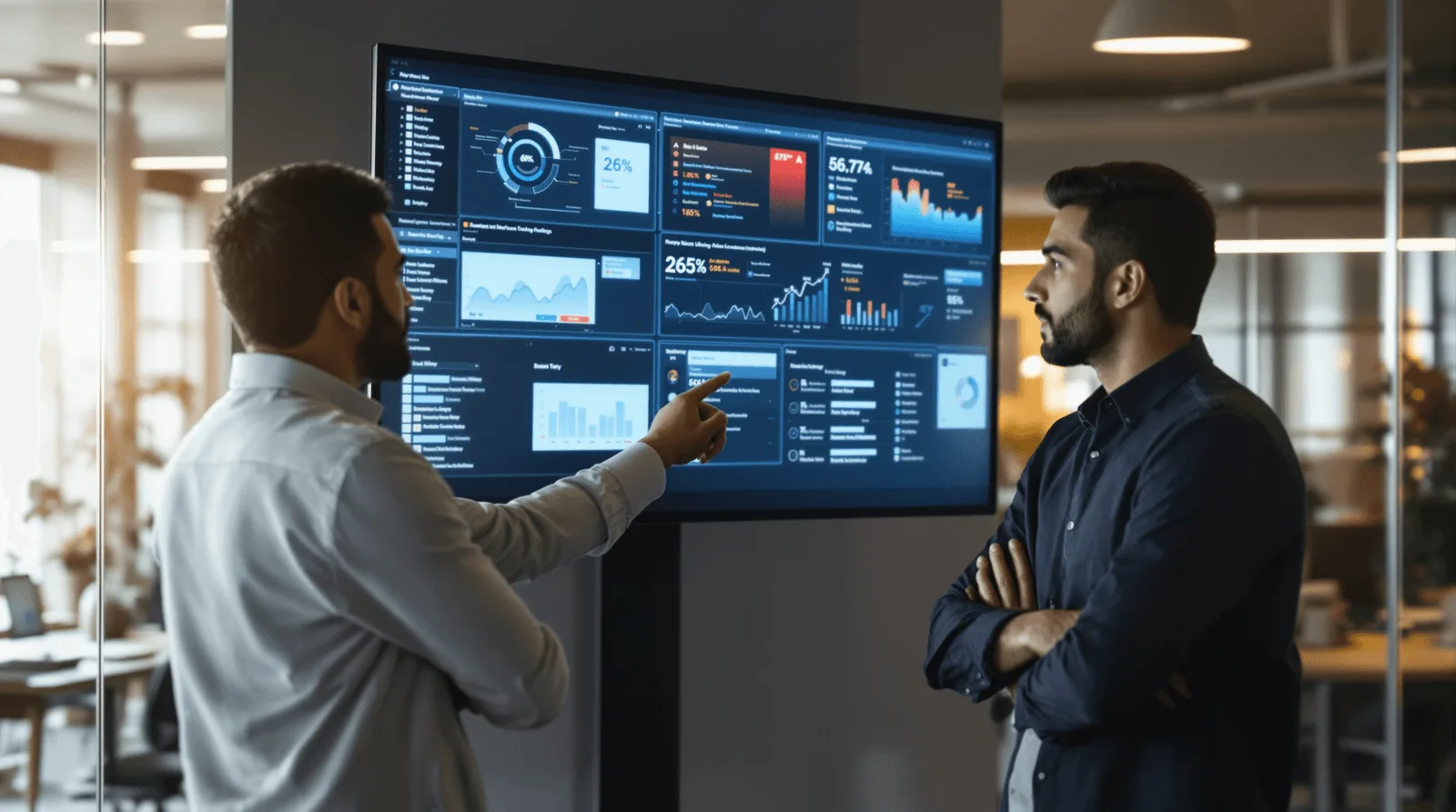 Business professionals reviewing mobile app analytics, performance dashboards, user acquisition metrics, and business intelligence on a large digital display.