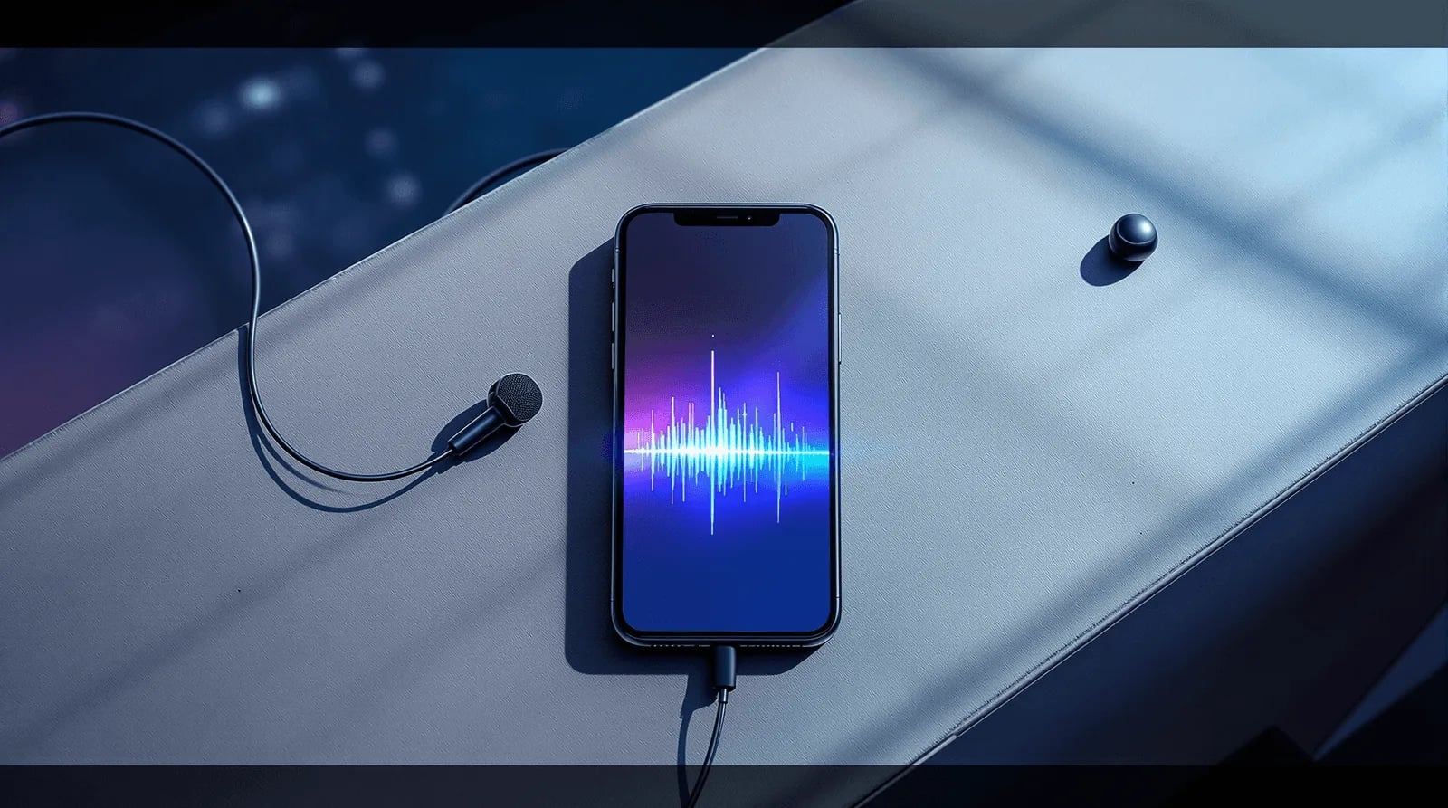 Phone showing a glowing audio waveform with a lavalier microphone plugged in