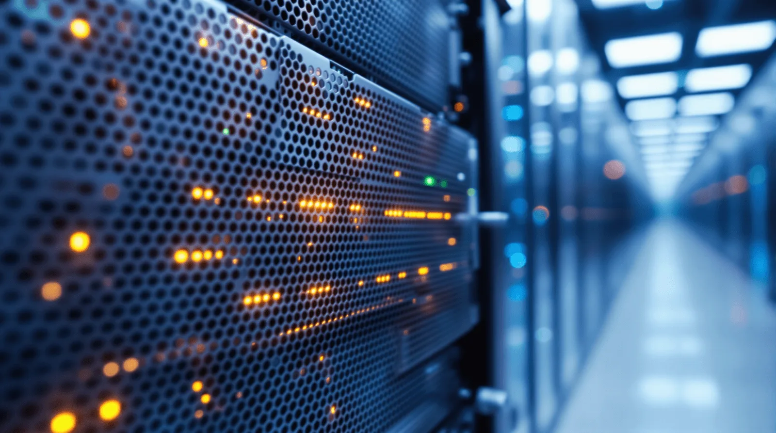 Server rack faceplate with LED indicators inside data centre corridor