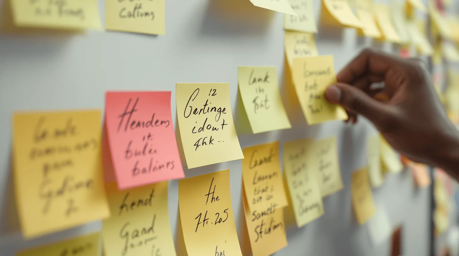 Hand sorting feature priority sticky notes on a whiteboard into two groups
