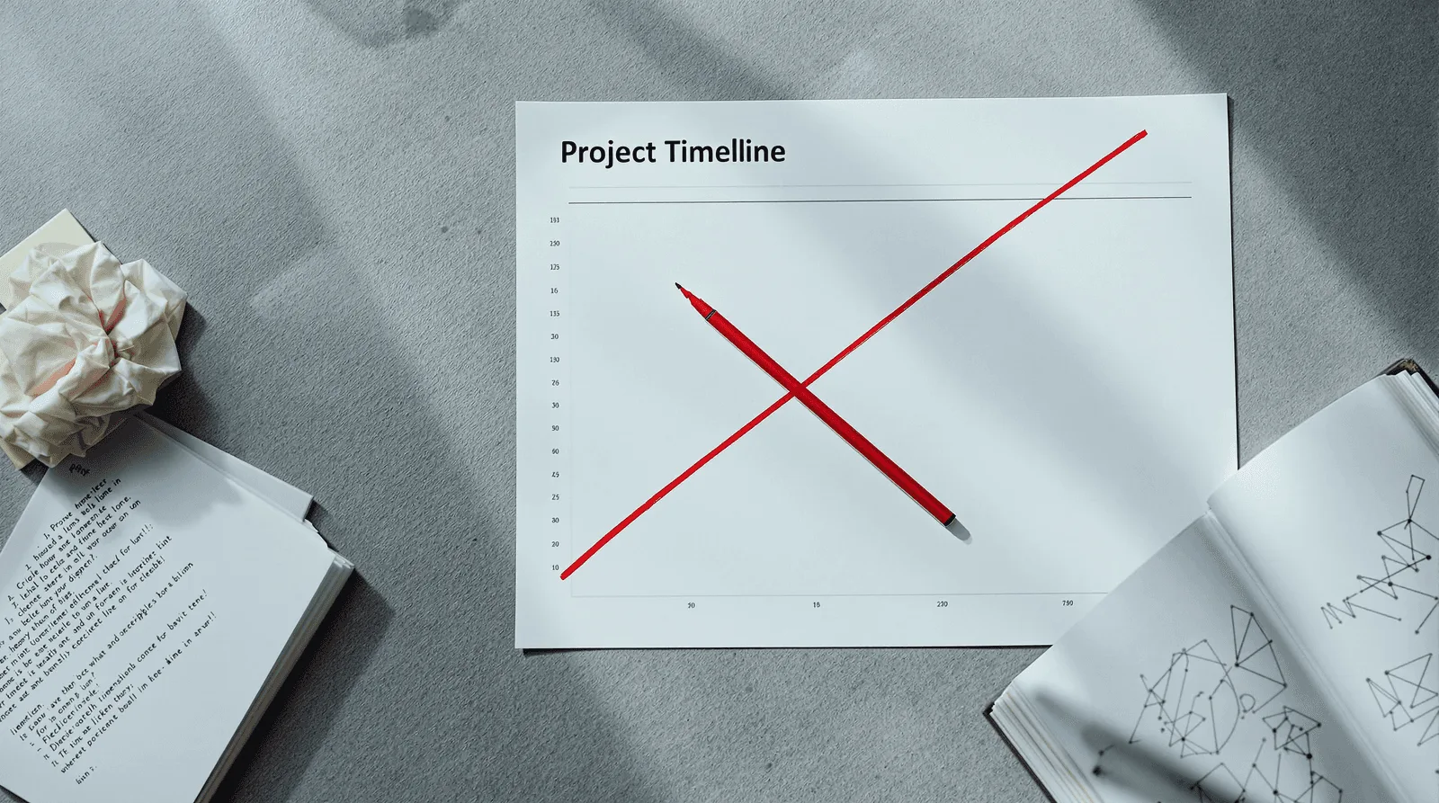 Crossed-out project timeline and crumpled notes on concrete conference table