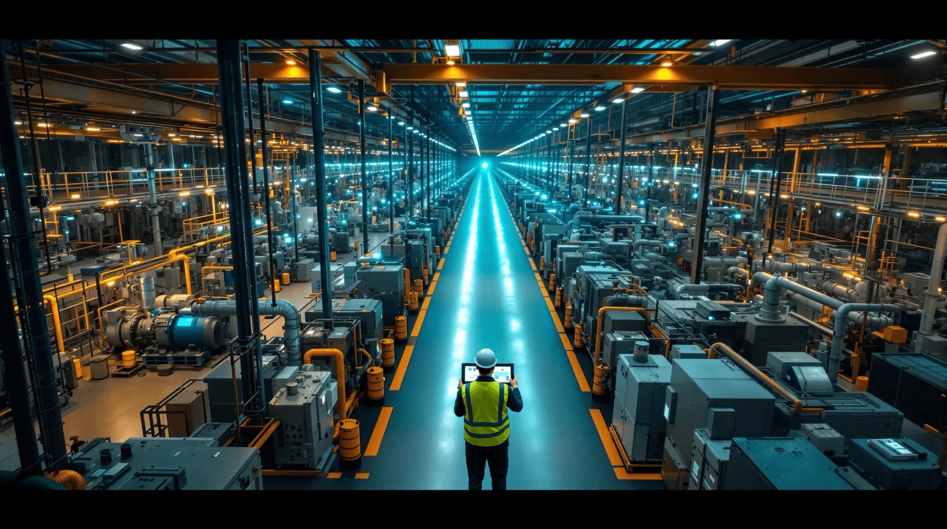 Field technician with tablet on industrial IoT facility floor at dusk