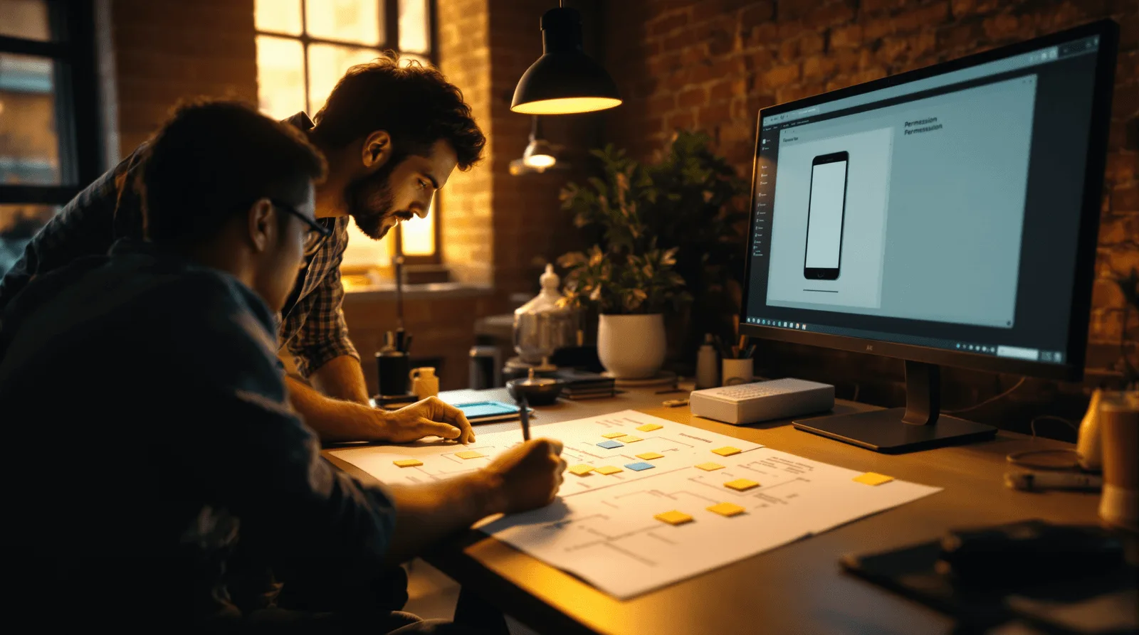 UX designers creating a mobile app wireframe and user flow in a collaborative workspace
