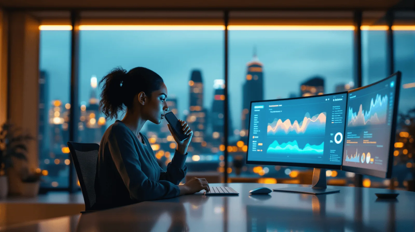 Woman dictating into a phone at a desk of dashboards with a night city behind