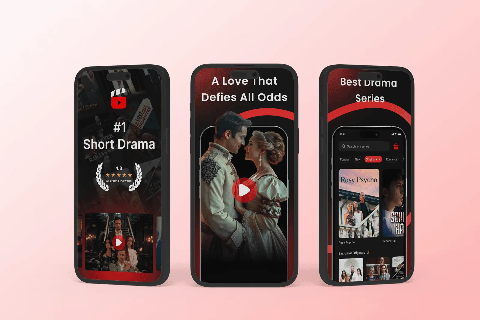 Three App Store screenshots for a short drama streaming app