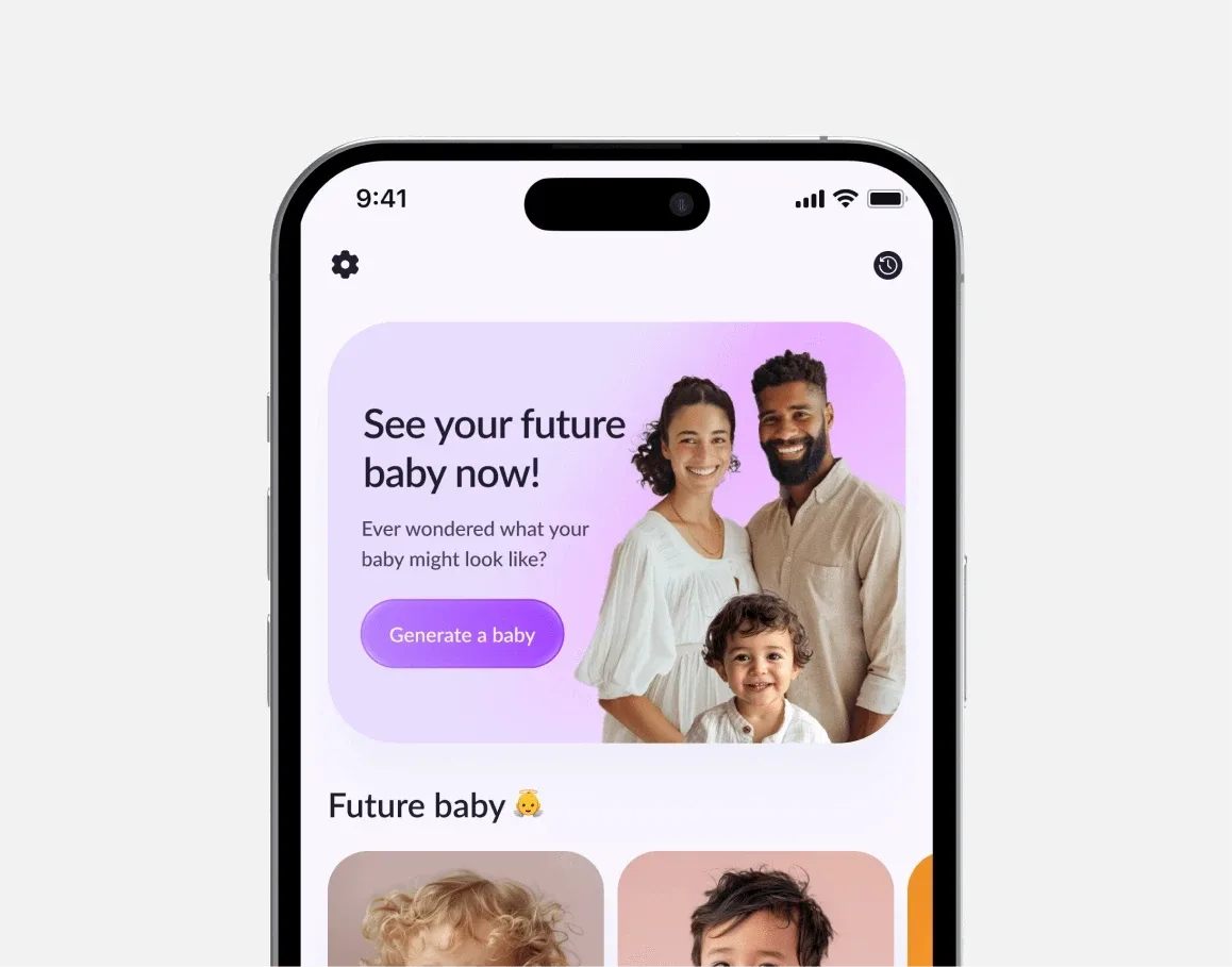 Baby Face main app screen on iPhone showing the AI app that generates future primary interface and user flow