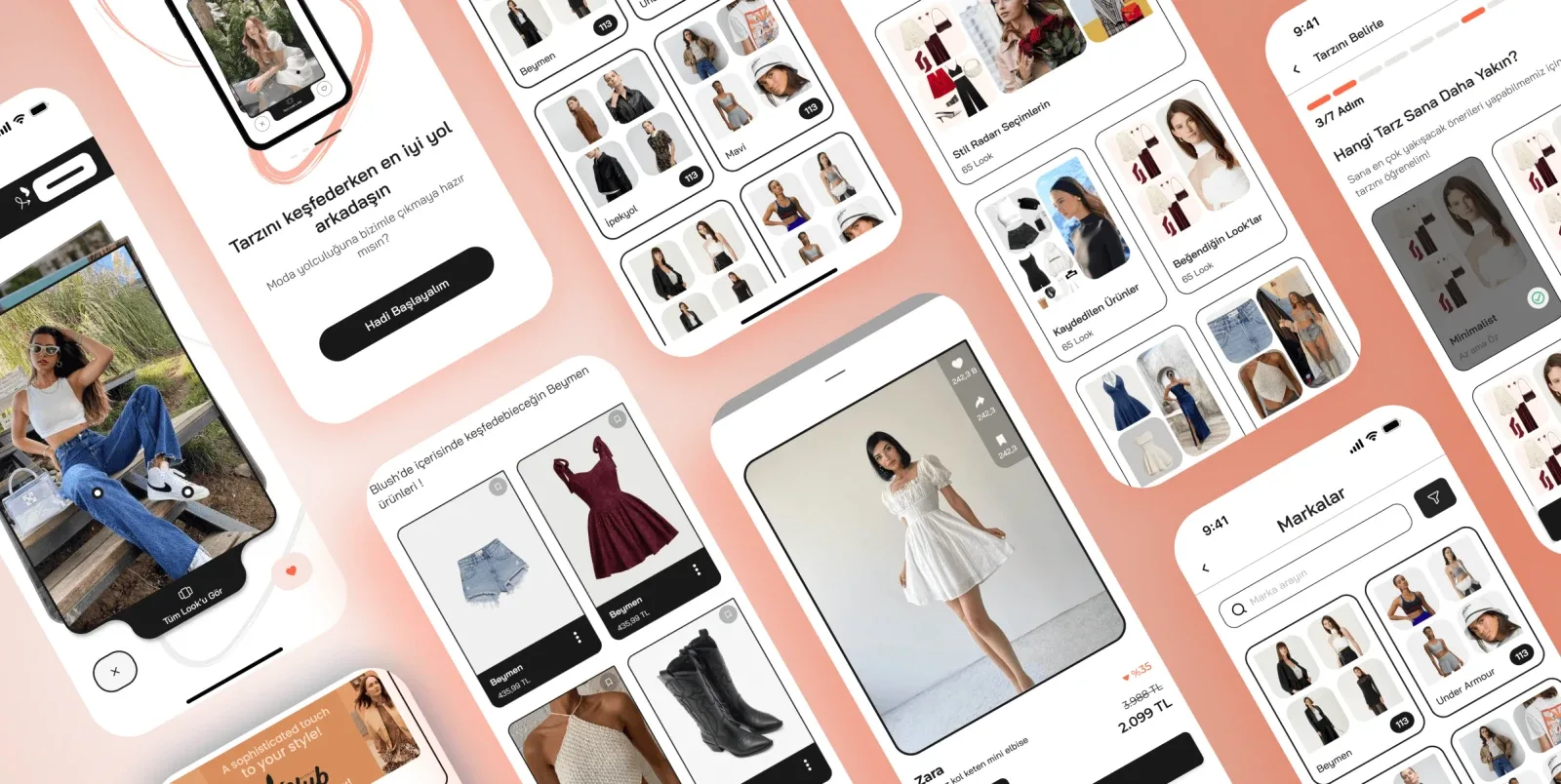 Blushy multiple mobile screens overview showcasing the complete fashion e-commerce app experience built by Neon Apps development team