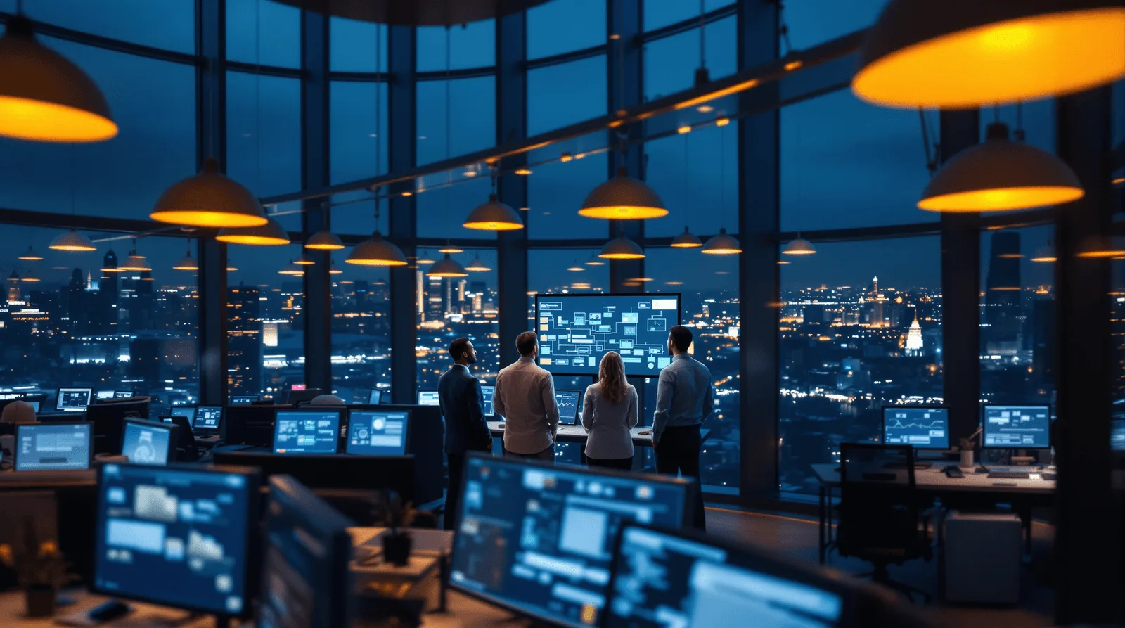 Enterprise analytics team reviewing AI integration workflow on operations floor