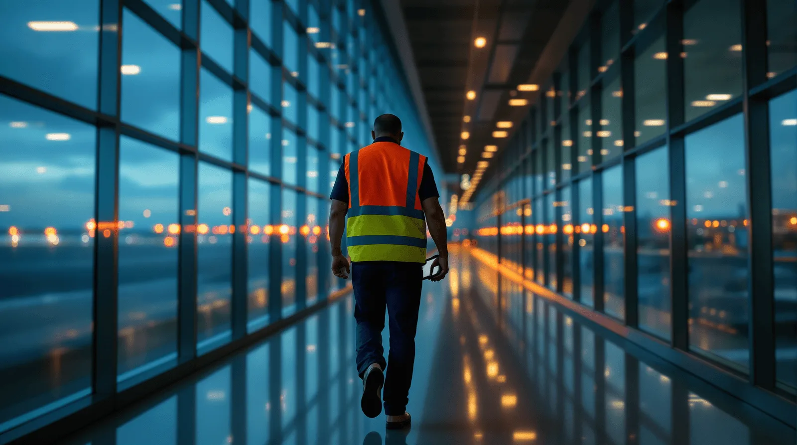 Worker in a high visibility vest walking a glass airport corridor at dusk