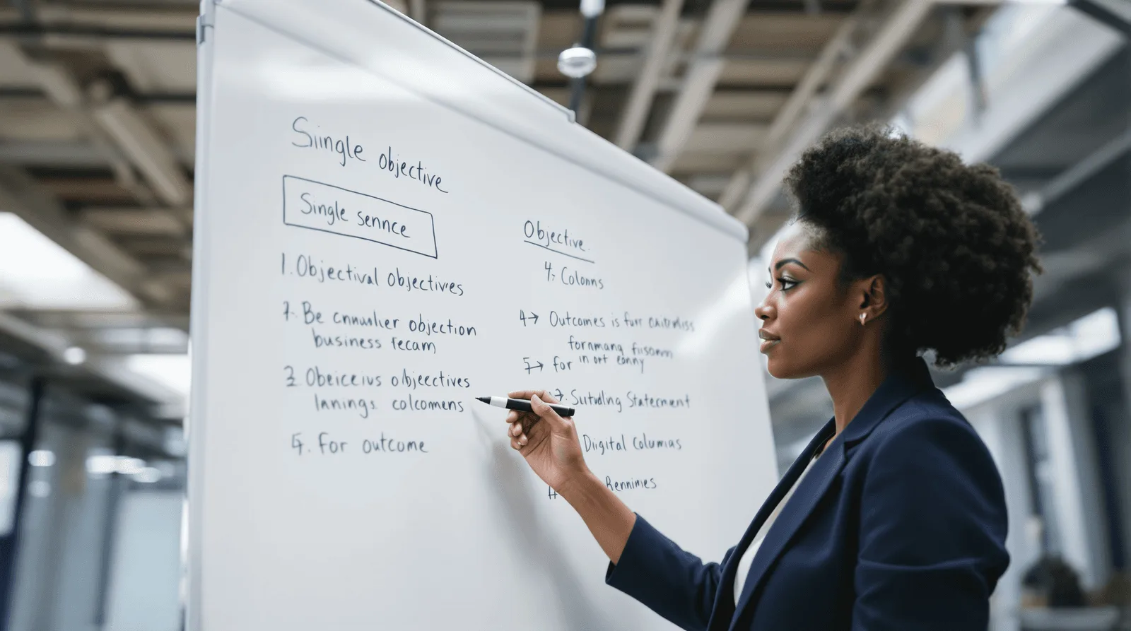 Director writing prioritized business objectives on a corporate whiteboard