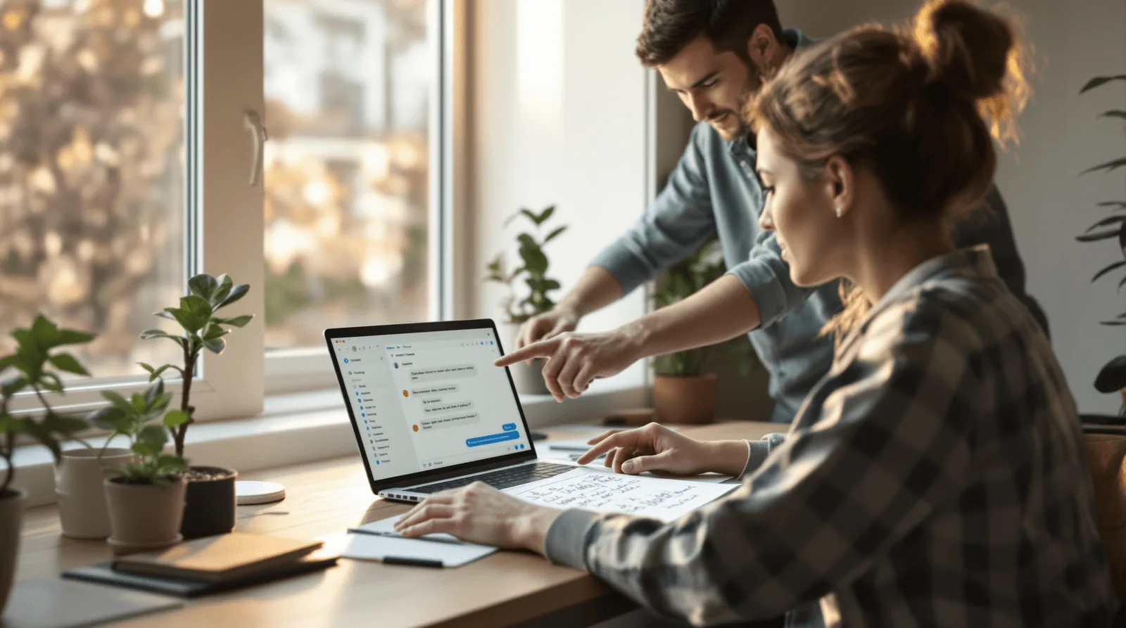 Designer and developer reviewing AI chat companion conversation flow diagrams