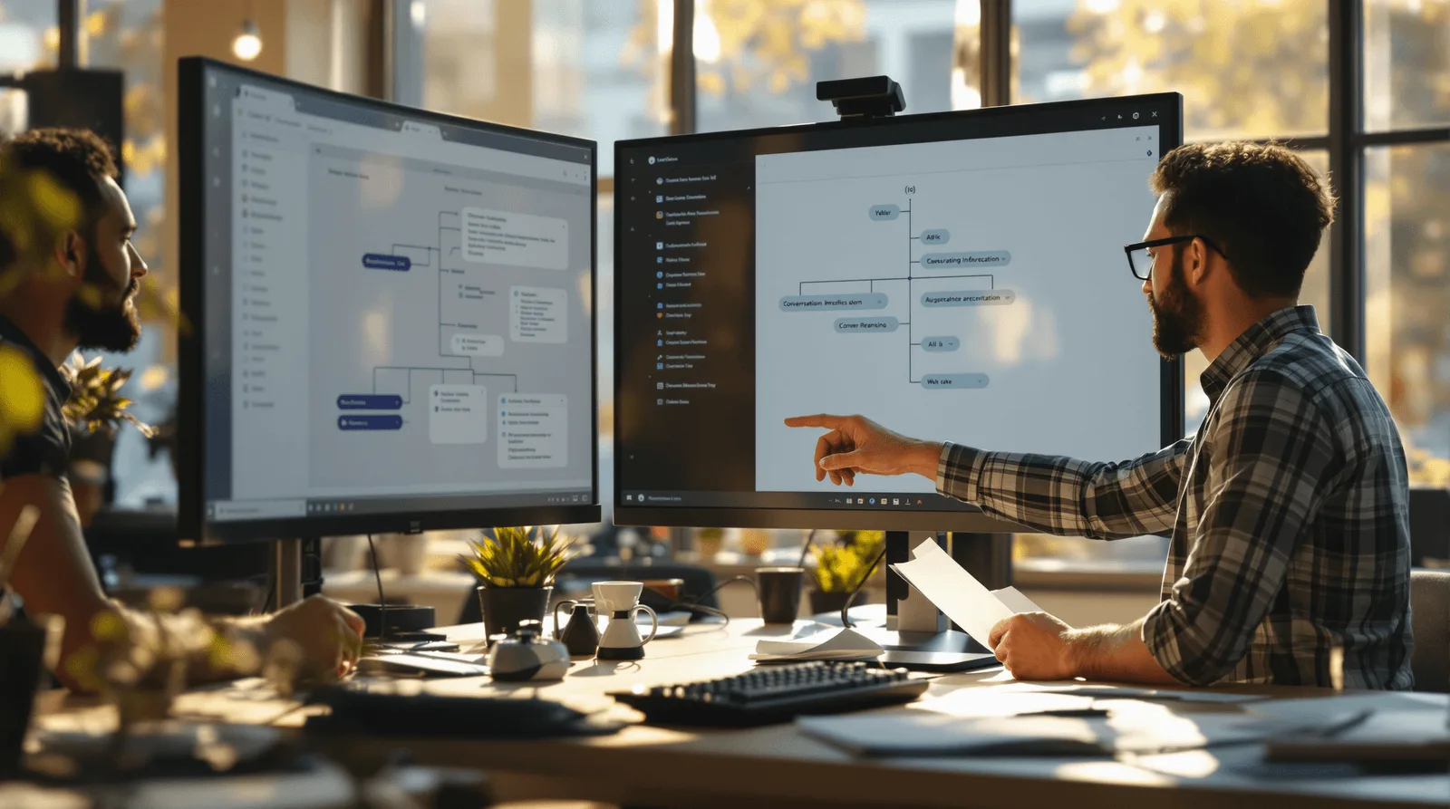 Three developers collaborating around a monitor showing conversational AI wireframes