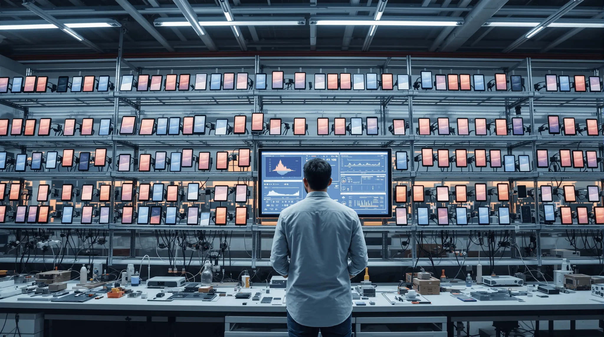 Professional performing mobile application testing, quality assurance, cross-device compatibility checks, performance analysis, and software validation across multiple smartphones in a modern testing laboratory.