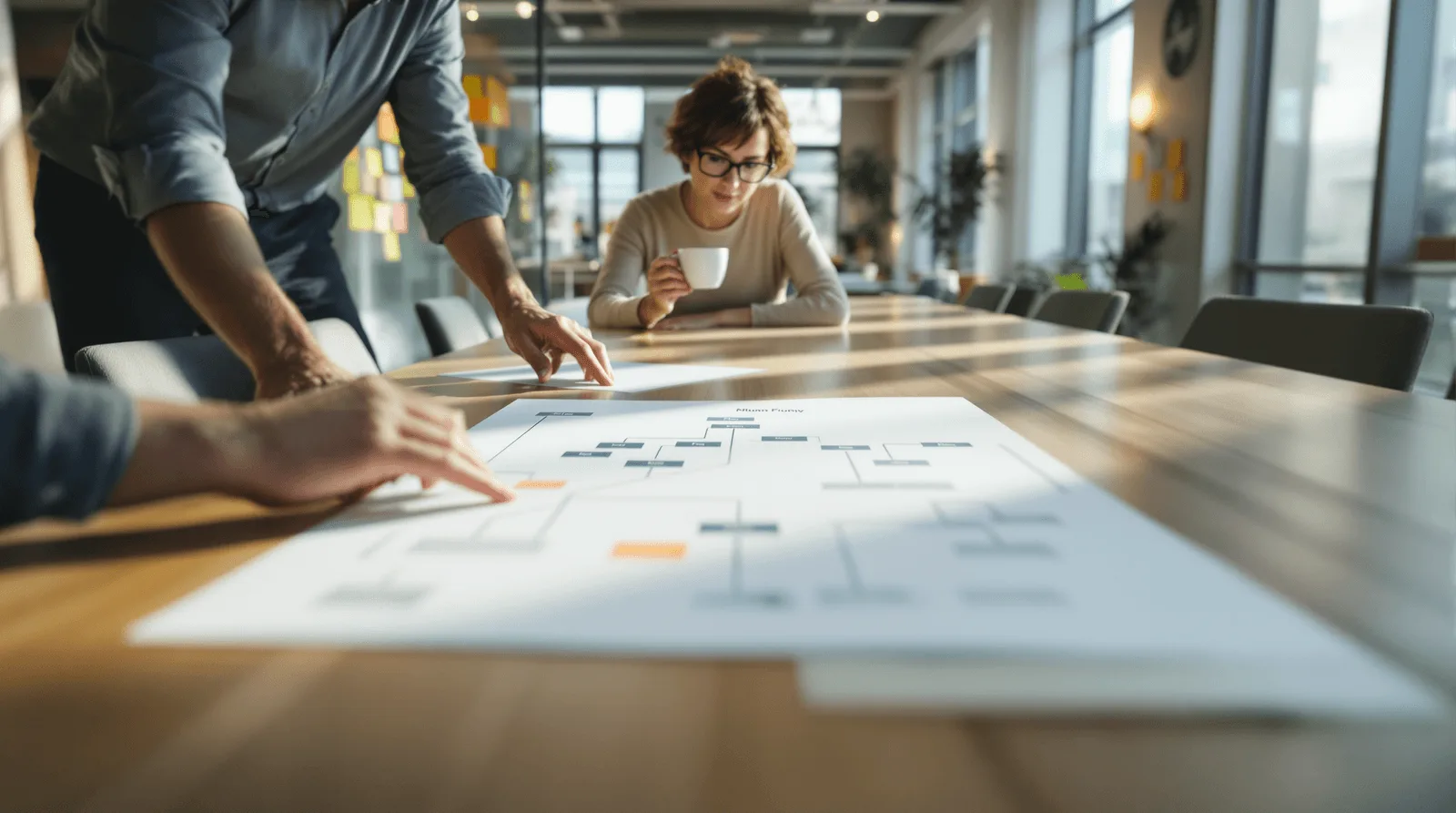 Two colleagues reviewing a printed product operations workflow diagram