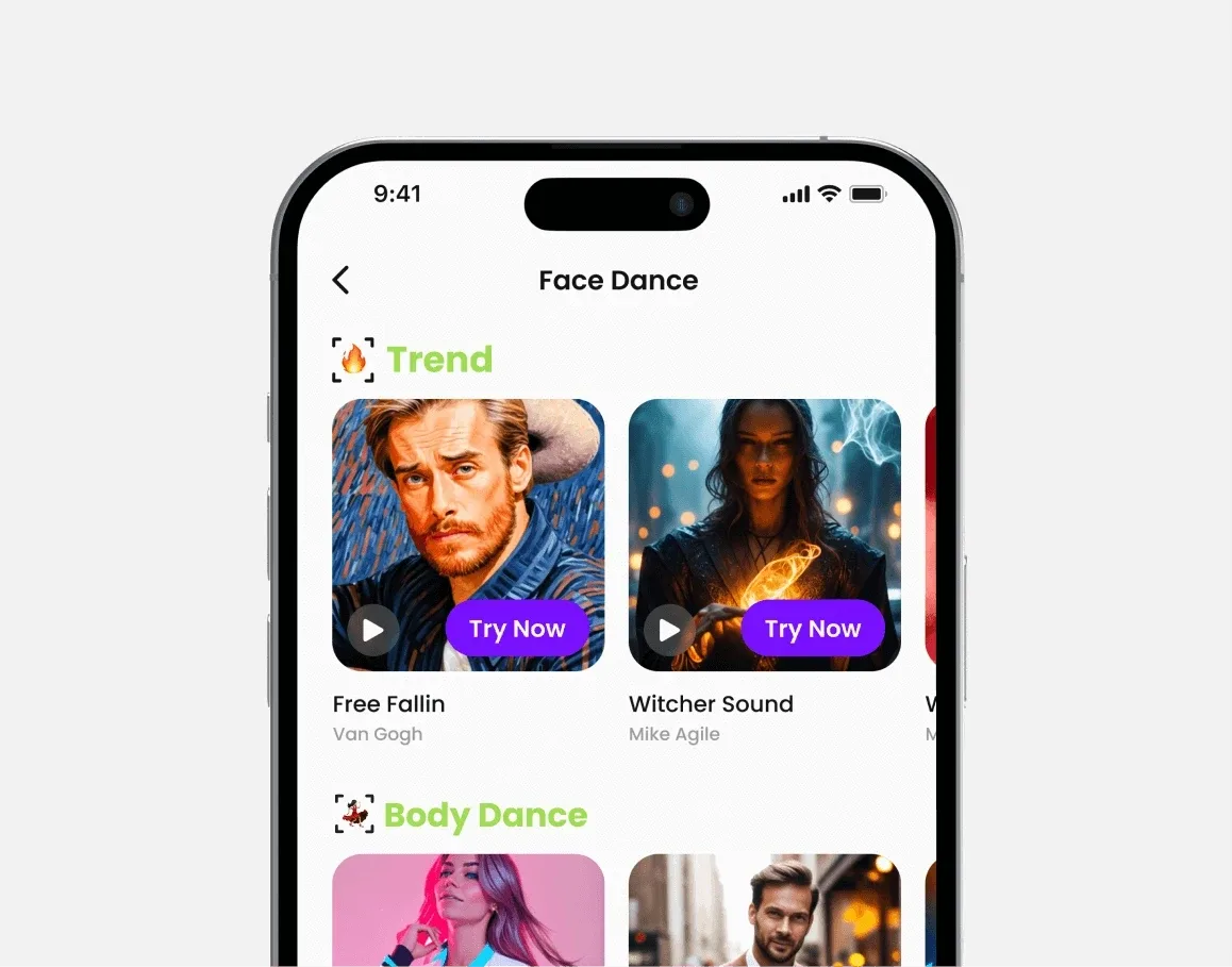 Face Dance main app screen on iPhone showing the AI app that animates photos primary interface and user flow
