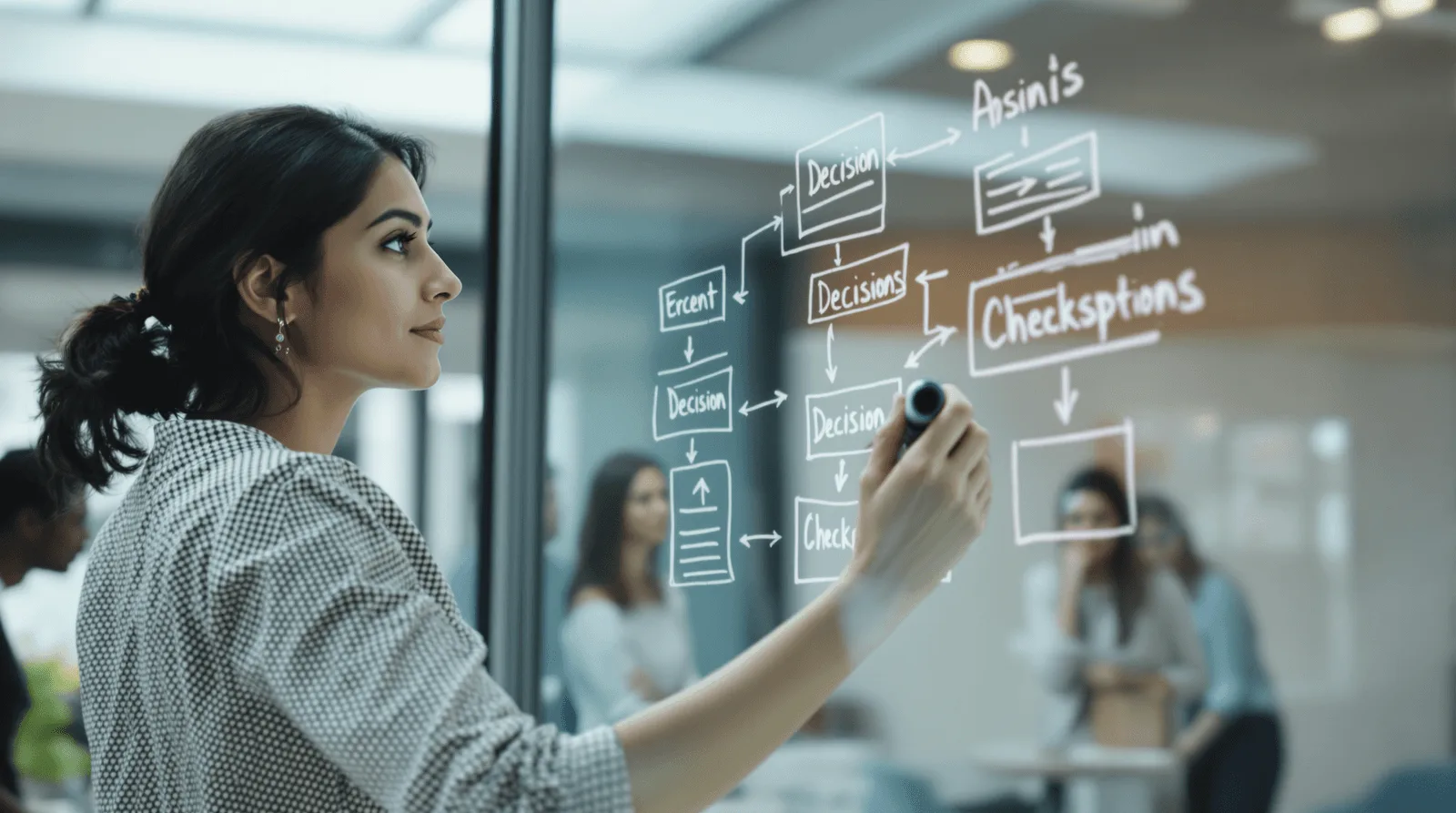Product operations lead mapping decision flow on glass whiteboard