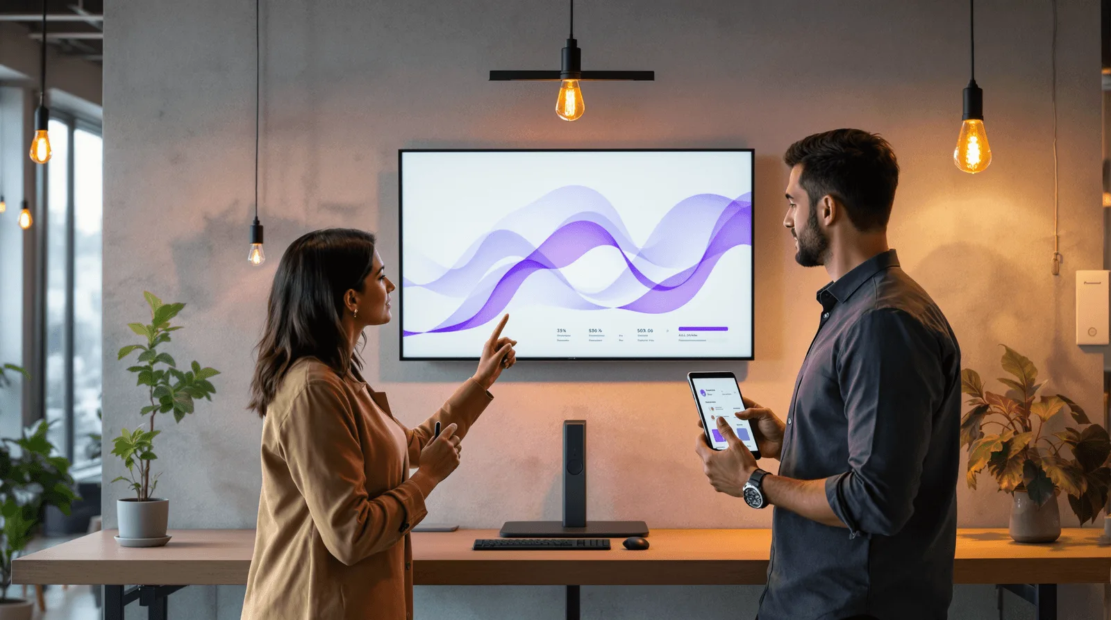 Two colleagues discussing a wall screen of charts while one holds a tablet