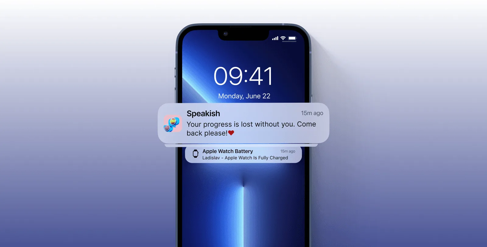 Lock screen showing a win back push notification from a language app