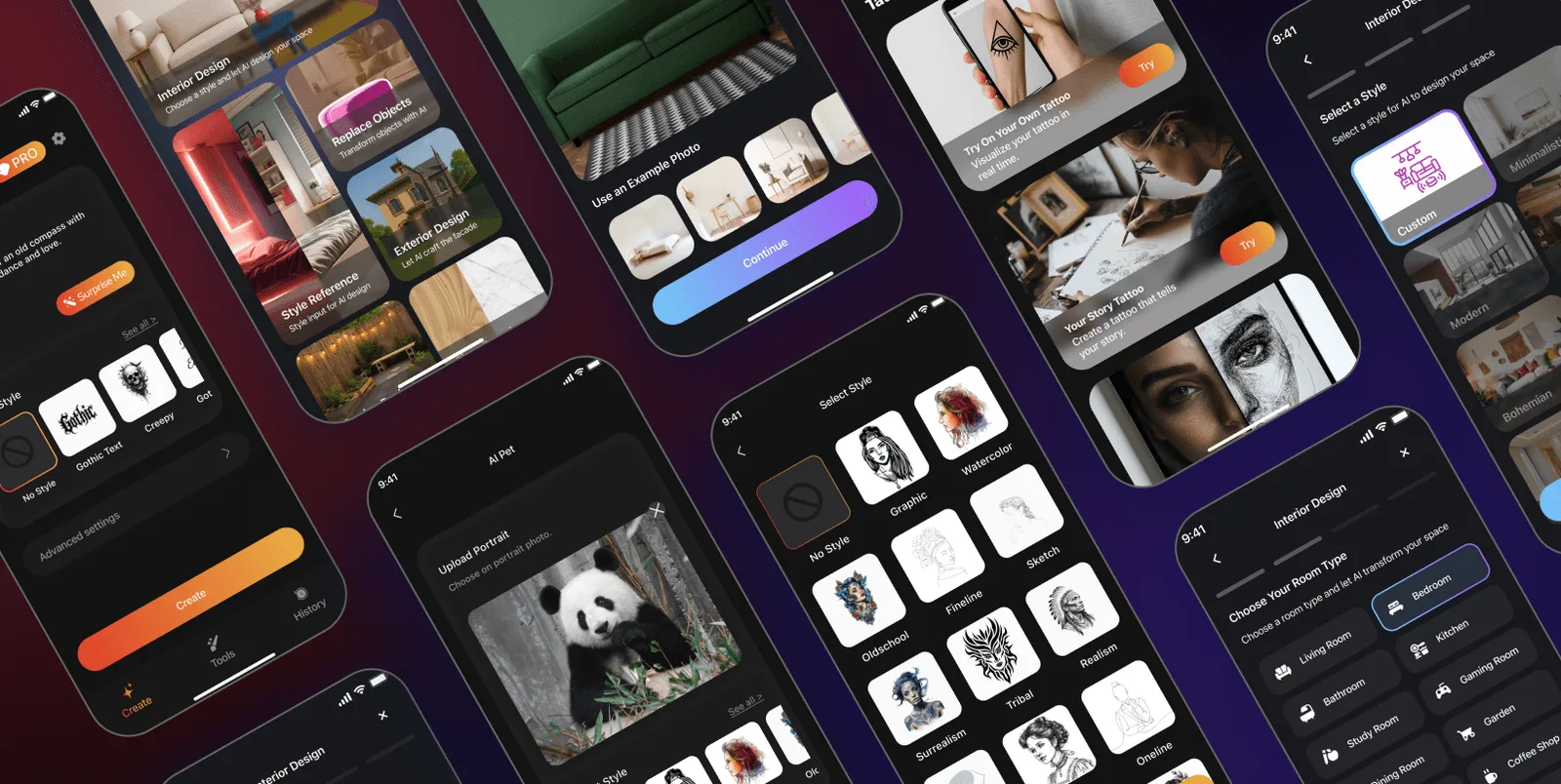 Grid of AI creative app screens for interior design, tattoo styles and pet portraits